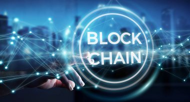 İşadamı blockchain cryptocurrency arabirimi 3d renderi kullanarak