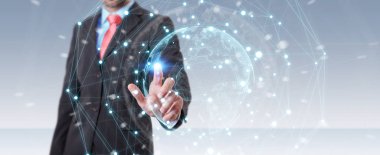 Planet earth ağ küre 3d işlemesini kullanan iş adamı