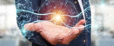 Dijital ağ bağlantısı küre 3B oluşturmayı kullanarak iş adamı