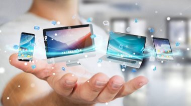İşadamı teknik cihazlar ve simgeler uygulamaları 3d re bağlanılıyor