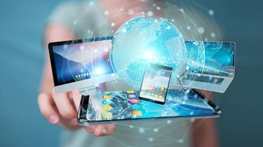 İşadamı teknik cihazlar ve simgeler uygulamaları 3d re bağlanılıyor