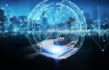 Planet earth ağ küre 3d işlemesini kullanan iş kadını