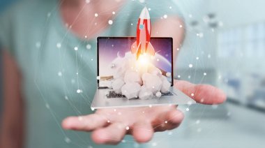 Bir laptop 3d render roket başlatılması ile iş kadını