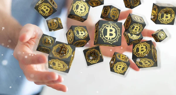 Empresário usando bitcoins criptomoeda 3D renderização — Fotografia de Stock