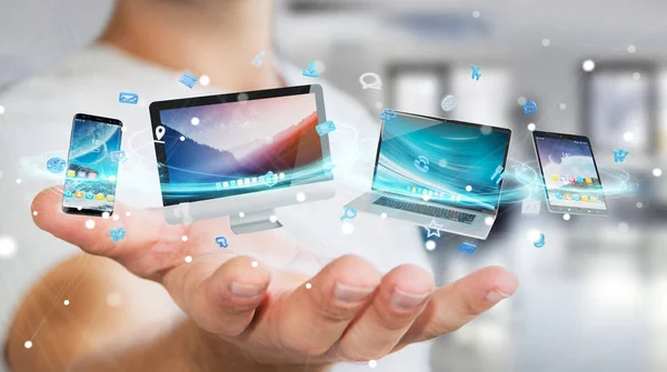 Empresário conectando dispositivos de tecnologia e ícones aplicações 3D re — Fotografia de Stock