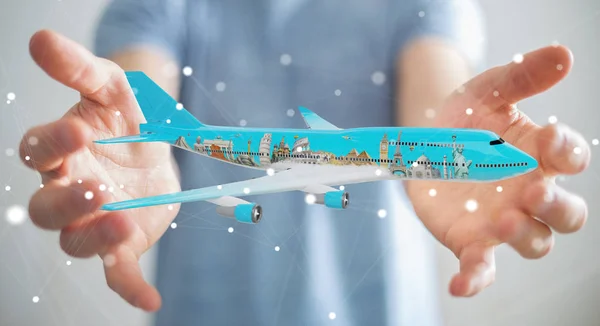 Uomo d'affari con aereo e famosi punti di riferimento del mondo 3D rend — Foto Stock
