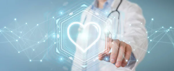 Läkaren håller heartbeat digitala gränssnitt 3d-rendering — Stockfoto