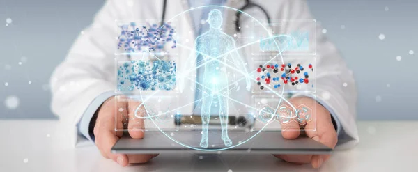 Lekarz za pomocą cyfrowego medycznych futurystyczny interfejs 3d renderowania — Zdjęcie stockowe