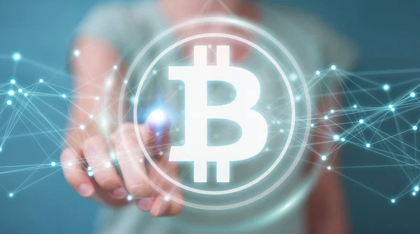 Επιχειρηματίας χρησιμοποιώντας bitcoins κρυπτονόμισμα 3d rendering — Φωτογραφία Αρχείου