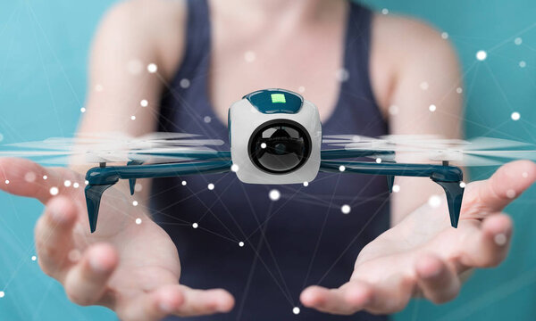 Бизнесвумен, использующая современный 3D рендеринг беспилотника
