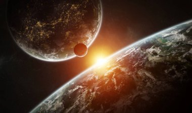 Uzak bir gezegende sistemi ile exoplanets 3d render elem alanda