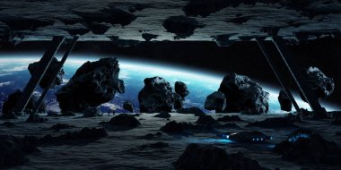 Astronotlar bir asteroit uzay gemisi 3d işleme öğeleri keşfetmek