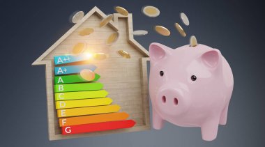 Enerji grafik rating ve kumbara illüstrasyon 3d render