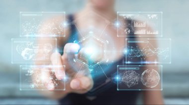 Hologram dat ile dijital ekranlar arabirimini kullanarak iş kadını