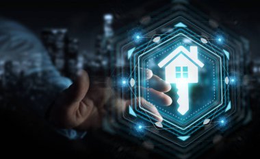 Emlak dijital arabirimi 3d rendering kullanarak iş adamı