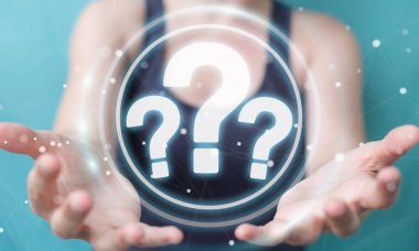 Soru işaretleri dijital arabirimi 3d renderin kullanarak iş kadını