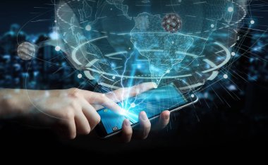 Dijital bağlantı 3d rende ile dünya ağı kullanarak iş adamı