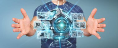 İşadamı fütüristik kullanarak güvenlik kamera 3d render robot