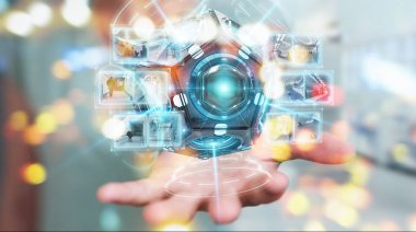 Fütüristik uçağı güvenlik kamera 3d renderin kullanarak iş kadını