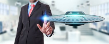 Retro Ufo uzay gemisi 3d render ile işadamı