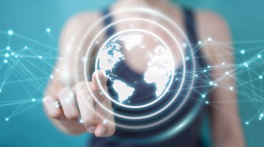 Planet earth ağ küre 3d işlemesini kullanan iş kadını