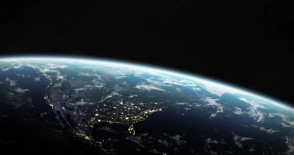 Widok z niebieskiej planety ziemi w przestrzeni 3d renderowania elementów tego — Zdjęcie stockowe