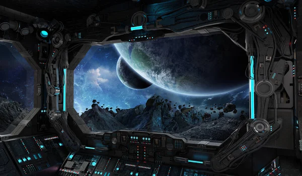 Spaceship grunge interior with view on exoplanet — Stock Photo, Image