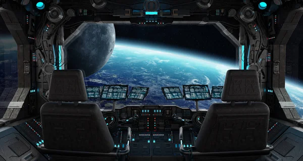 Astronave grunge interno con vista sul pianeta Terra — Foto Stock