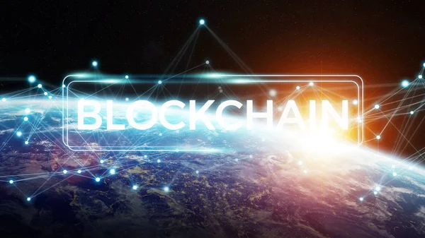 Blockchain di planet Bumi 3D rendering — Stok Foto