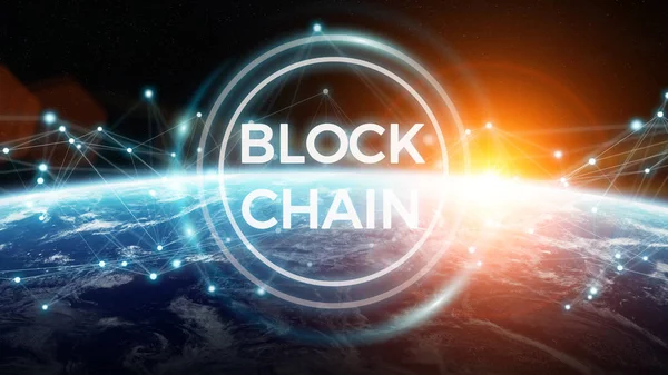 Blockchain auf dem Planeten Erde 3D-Rendering — Stockfoto