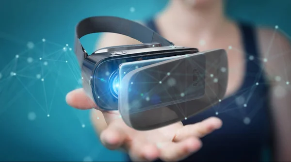 Affärskvinna med virtuell verklighet glasögon teknik 3d render — Stockfoto