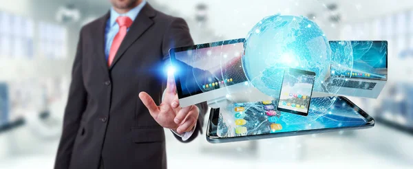 Businessman connecting tech devices and icons applications 3D re — Stock Photo, Image