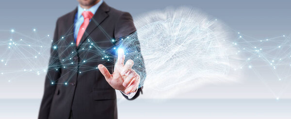 Бизнесмен, использующий цифровой рентгеновский интерфейс человеческого мозга 3D рендери
