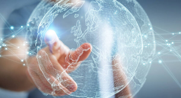 Businessman using planet earth network sphere 3D rendering