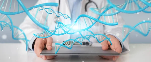 Médico segurando azul digital DNA estrutura 3D renderização — Fotografia de Stock