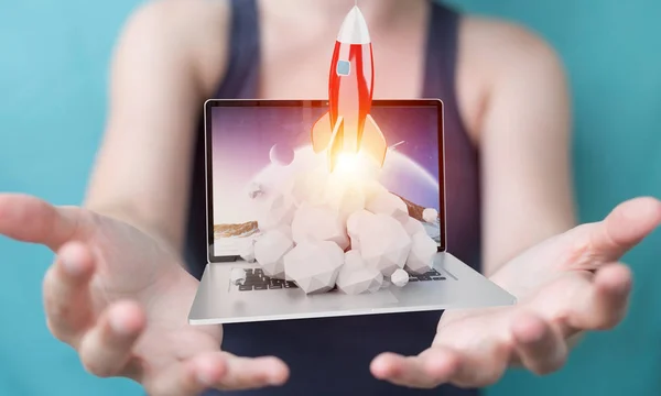 Zakenvrouw met de lancering van de raket vanaf een laptop 3D-rendering — Stockfoto