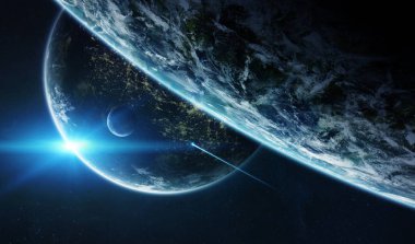 Uzak bir gezegende sistemi ile exoplanets 3d render elem alanda