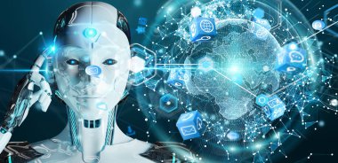 Dijital ekran arabirimi 3d işlemesini kullanan beyaz kadın robot