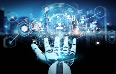 Dijital ekran arabirimi 3d işlemesini kullanan beyaz robot el