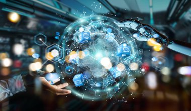 Dijital ekran arabirimi 3d işlemesini kullanan beyaz robot el