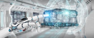 Dijital ekran arabirimi 3d işlemesini kullanan beyaz robot el