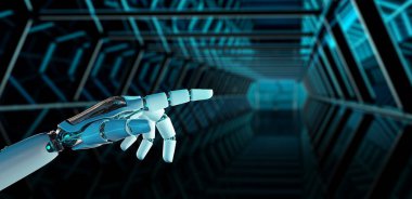 Beyaz cyborg onun parmak 3d render işaret