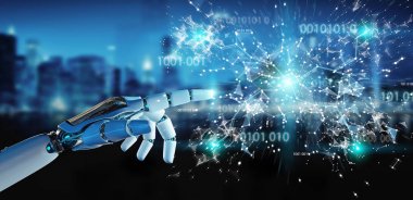 Dijital dünya hud arabirimi 3d renderi kullanarak beyaz insansı ele