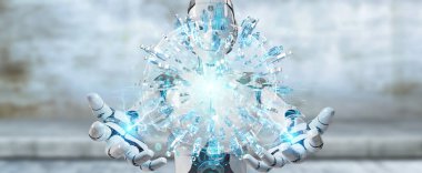 Beyaz kadın robot insanlar 3d rende bağlanmak için dijital dünya kullanma