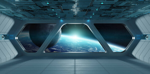 Spaceship futuristic grey blue interior with view on planet Earth 3D rendering elements of this image furnished by NASA
