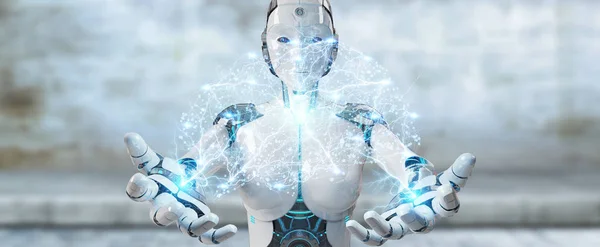 Белая женщина-гуманоид создает искусственный интеллект 3D рендери — стоковое фото