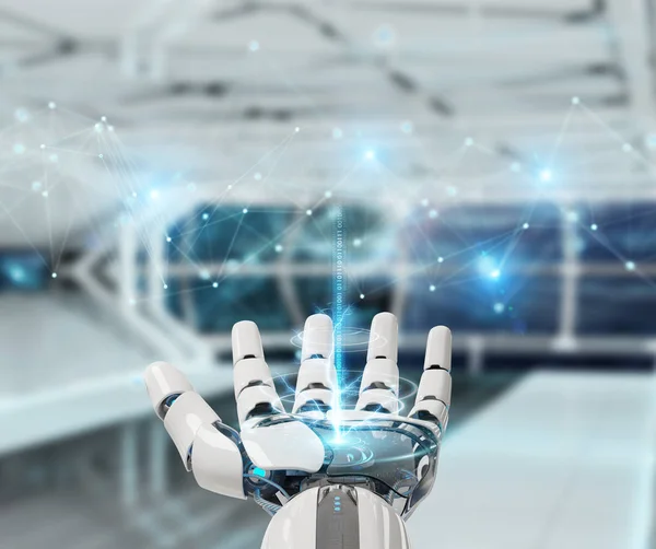 Dłoń biały robota przy użyciu połączenia sieci cyfrowej 3d renderowania — Zdjęcie stockowe