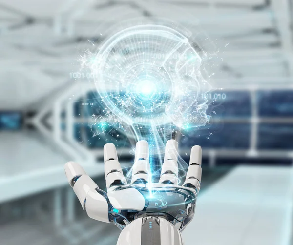 Белая киборг рука, создающая искусственный интеллект 3D рендеринг — стоковое фото