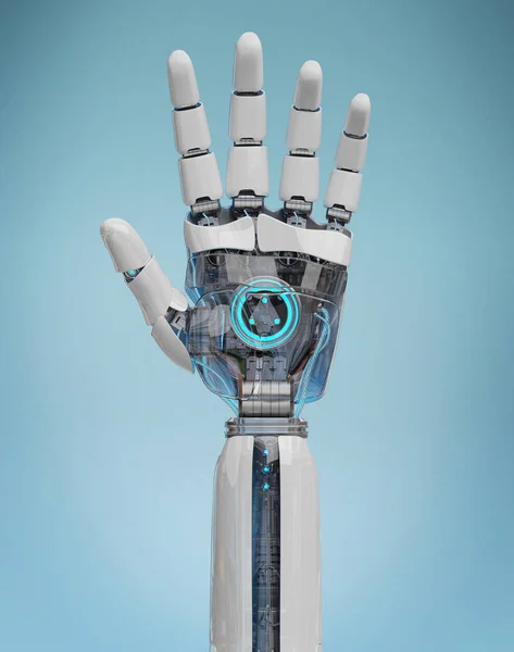 Cyborg bianco che apre la sua mano rendering 3D — Foto Stock