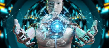 Beyaz adam insanımsı dron güvenlik kamera 3B oluşturmayı kullanarak